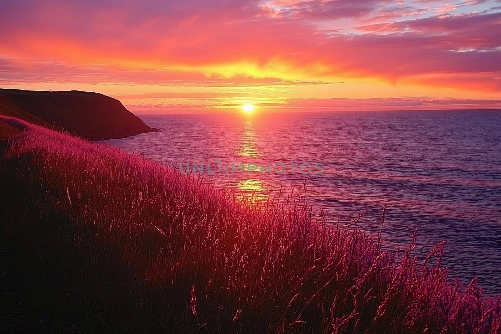 The sun sets over the calm ocean, filling the sky with vivid colors and lighting the grass.