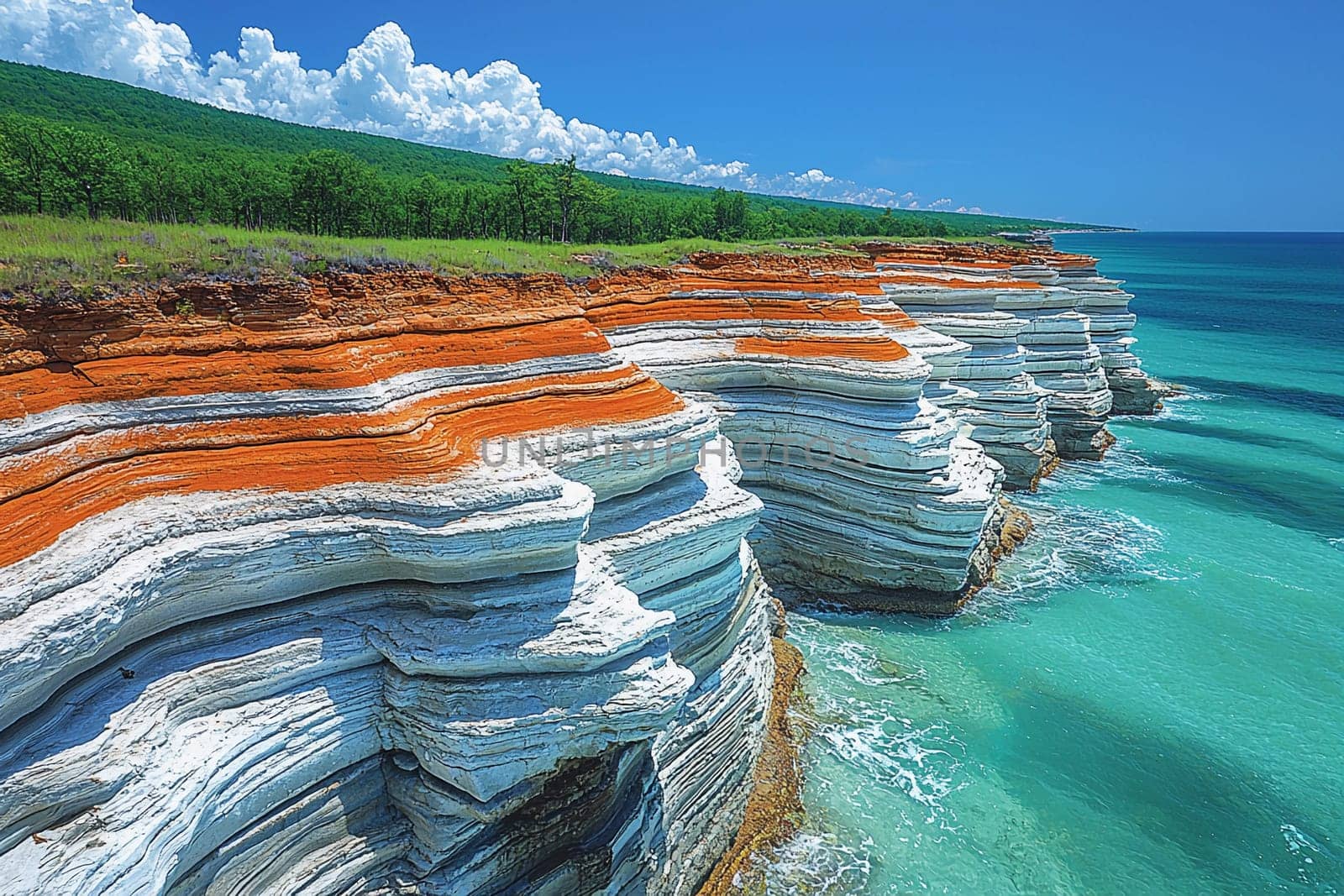 Majestic cliffs with vivid orange and white layers meet bright turquoise waters under clear skies.