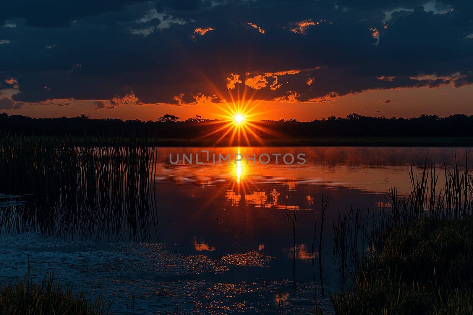 Bright sunset casts vibrant colors over the calm lake, highlighting reflections in the water.