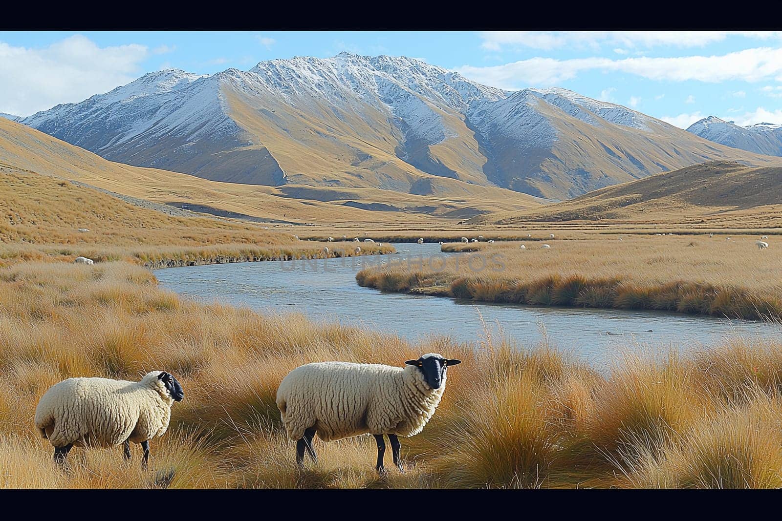 Two sheep graze near a river flowing through a picturesque valley at midday.