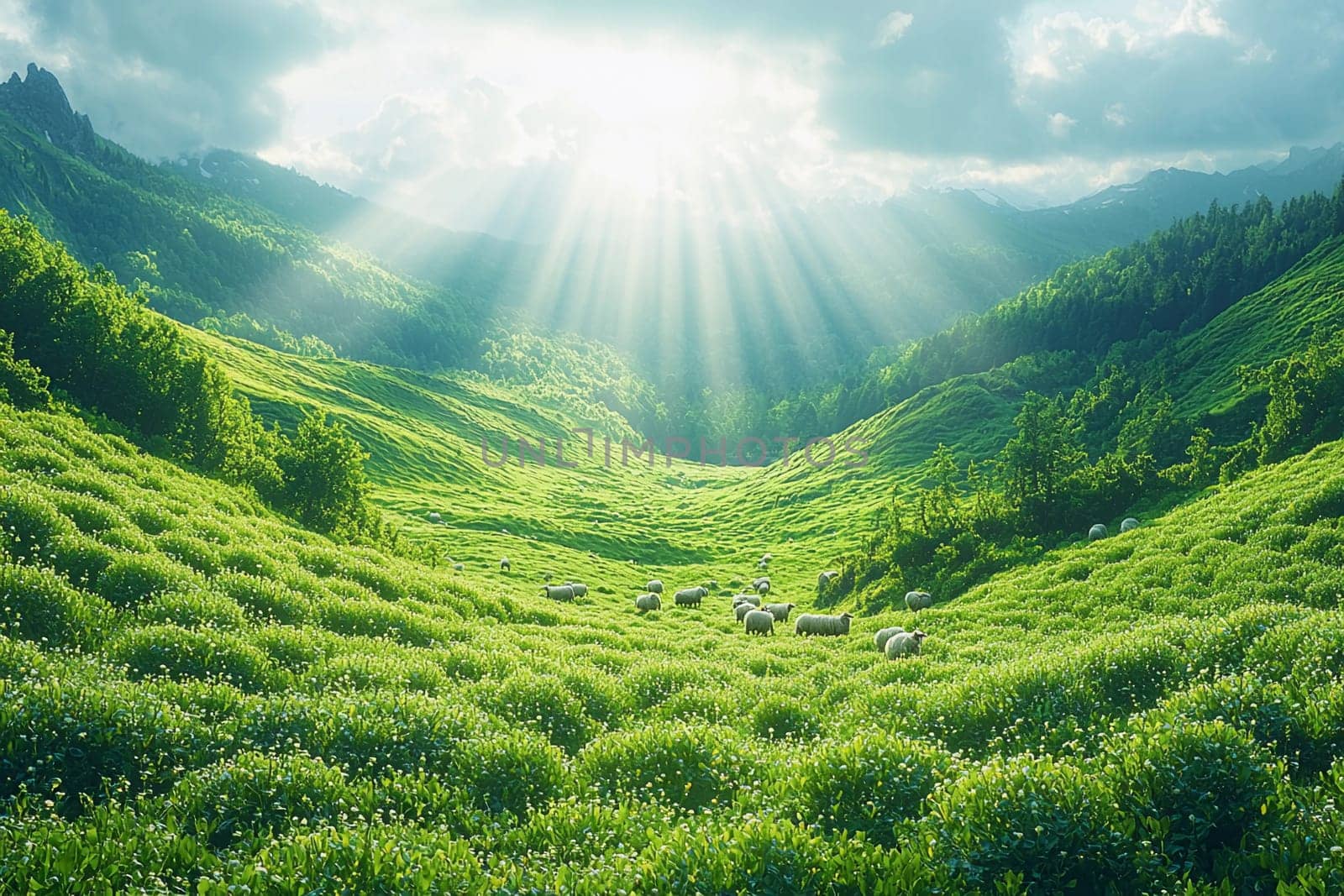A serene valley filled with lush greenery and sheep grazing under bright sunlight.