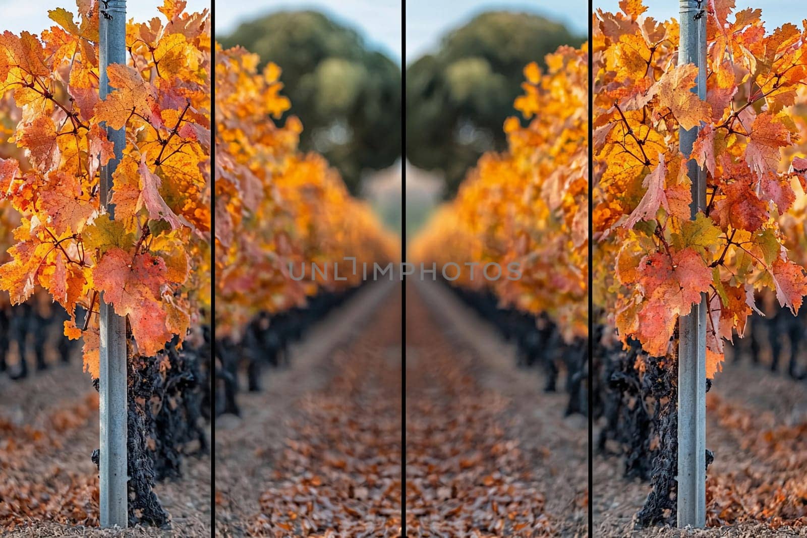 Vines display bright orange and yellow leaves during autumn in a vineyard.