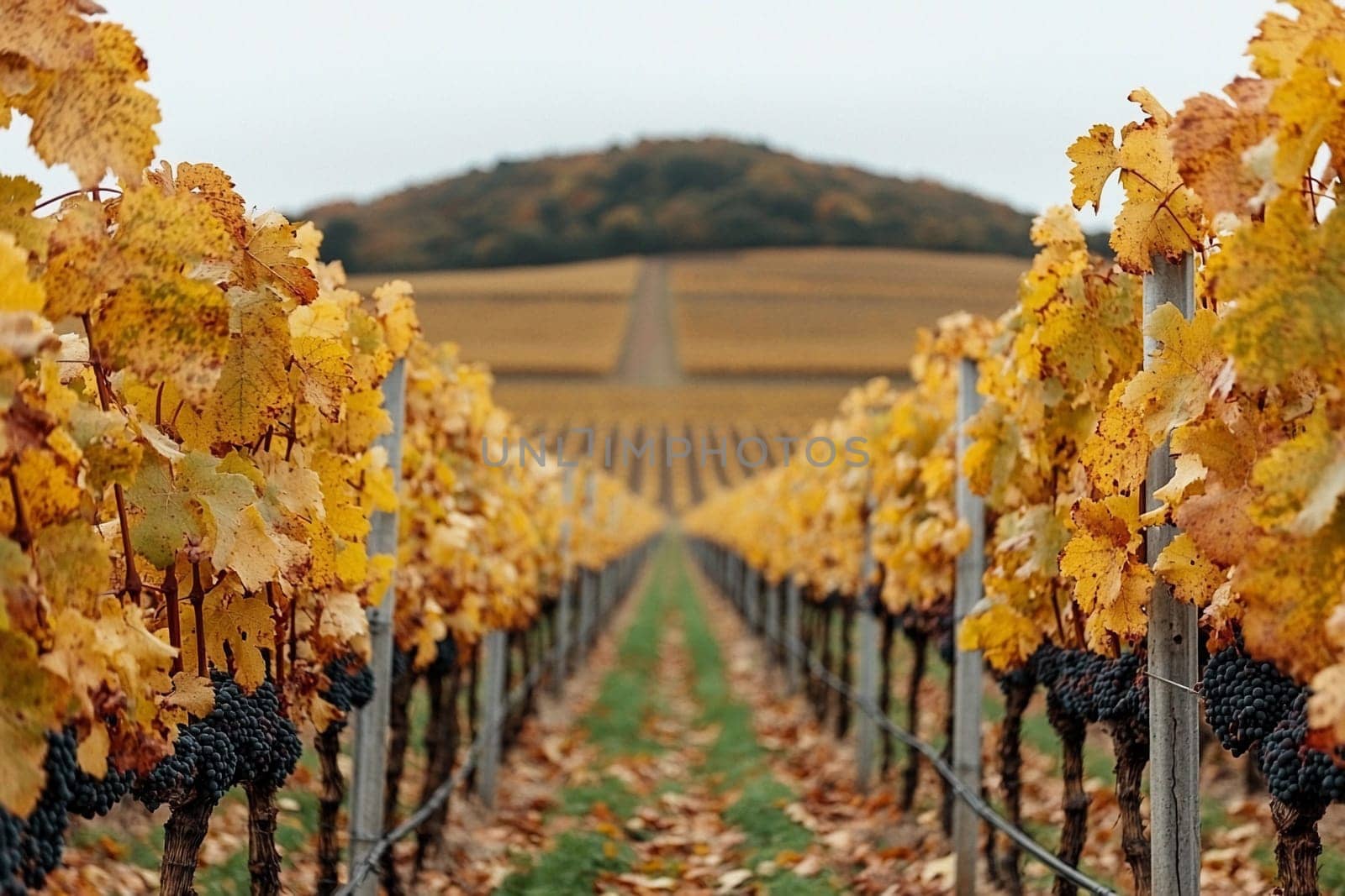 Rows of grapevines display golden leaves in an autumn vineyard, with hills in the background.