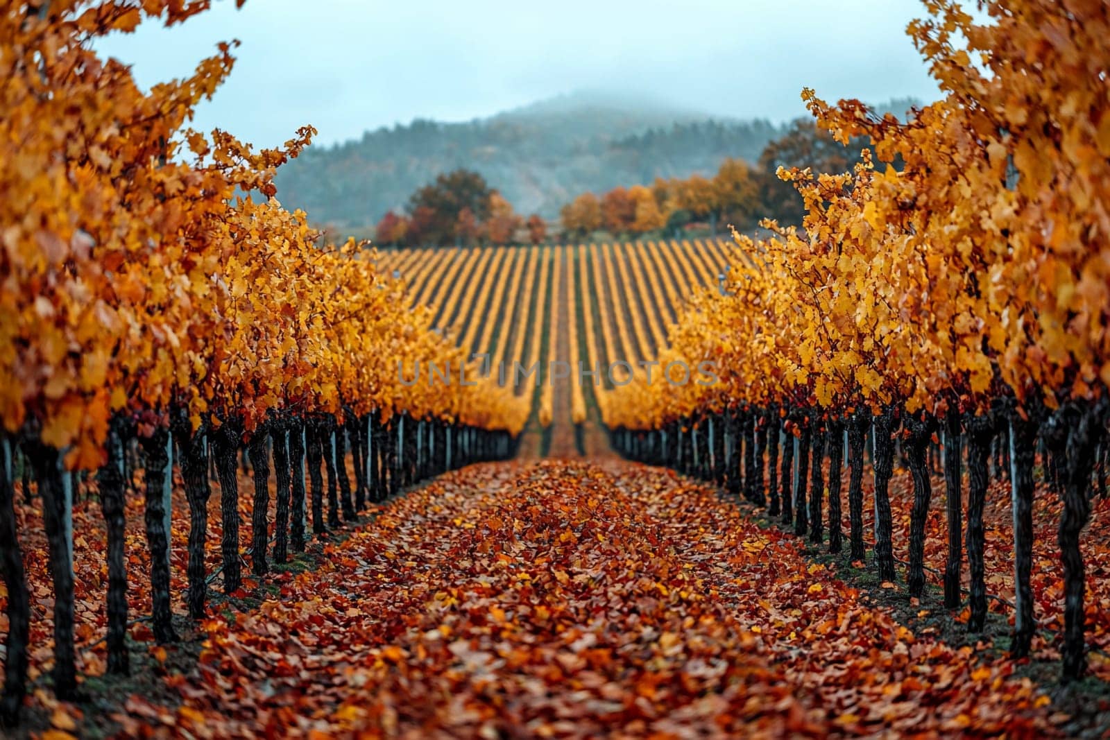 Rows of grapevines display vibrant autumn colors with fallen leaves covering the ground.
