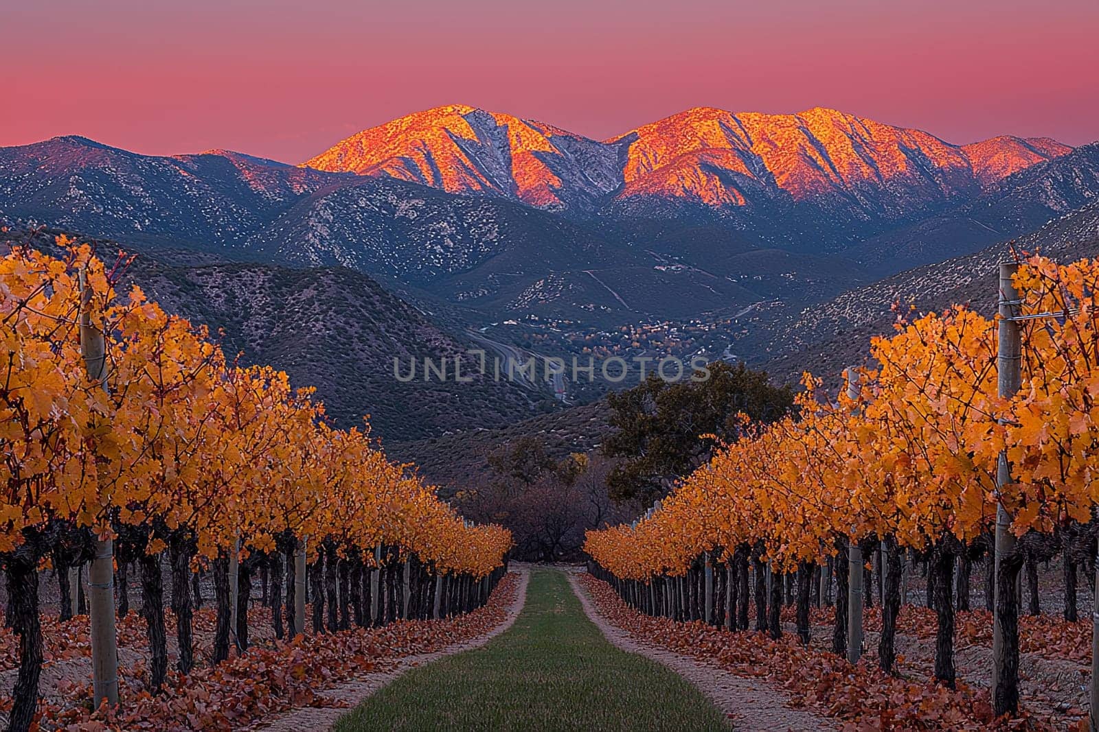 Rows of orange vines stretch towards mountains reflecting warm sunset light.