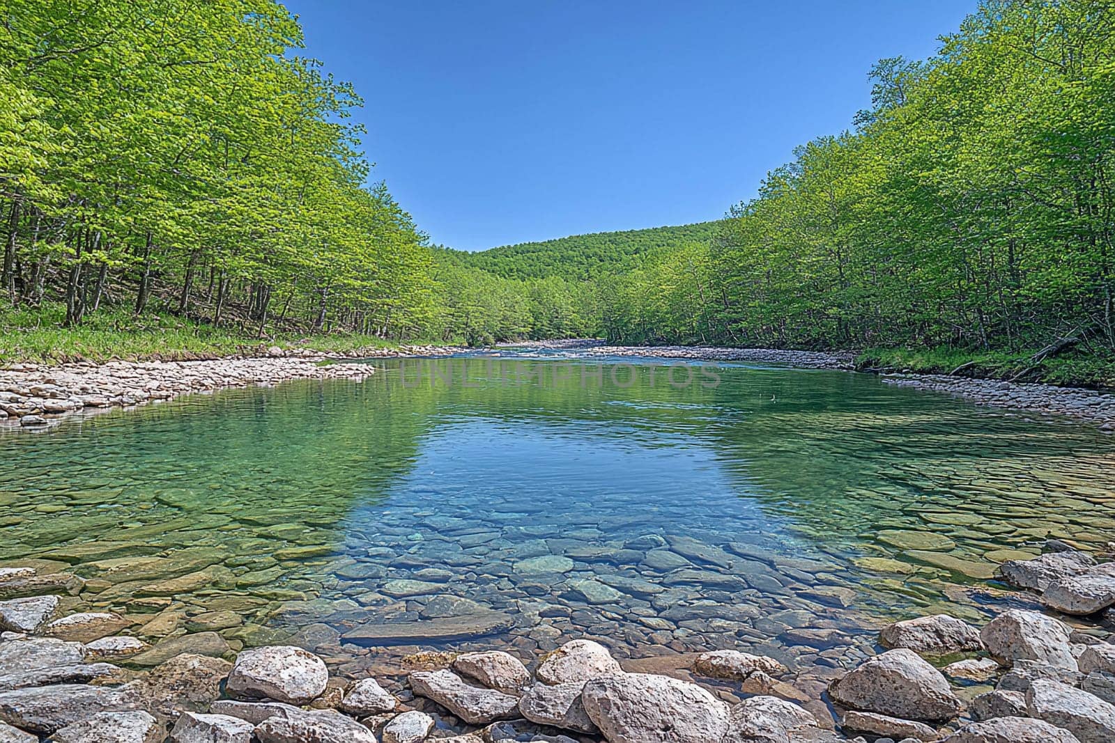 A serene river flows gently amid vibrant green trees, shimmering under the sunlight.