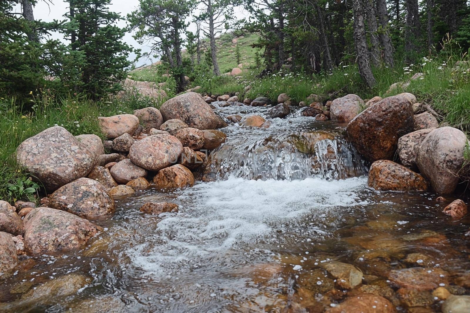 Water cascades over stones in a serene stream surrounded by lush grass and trees.