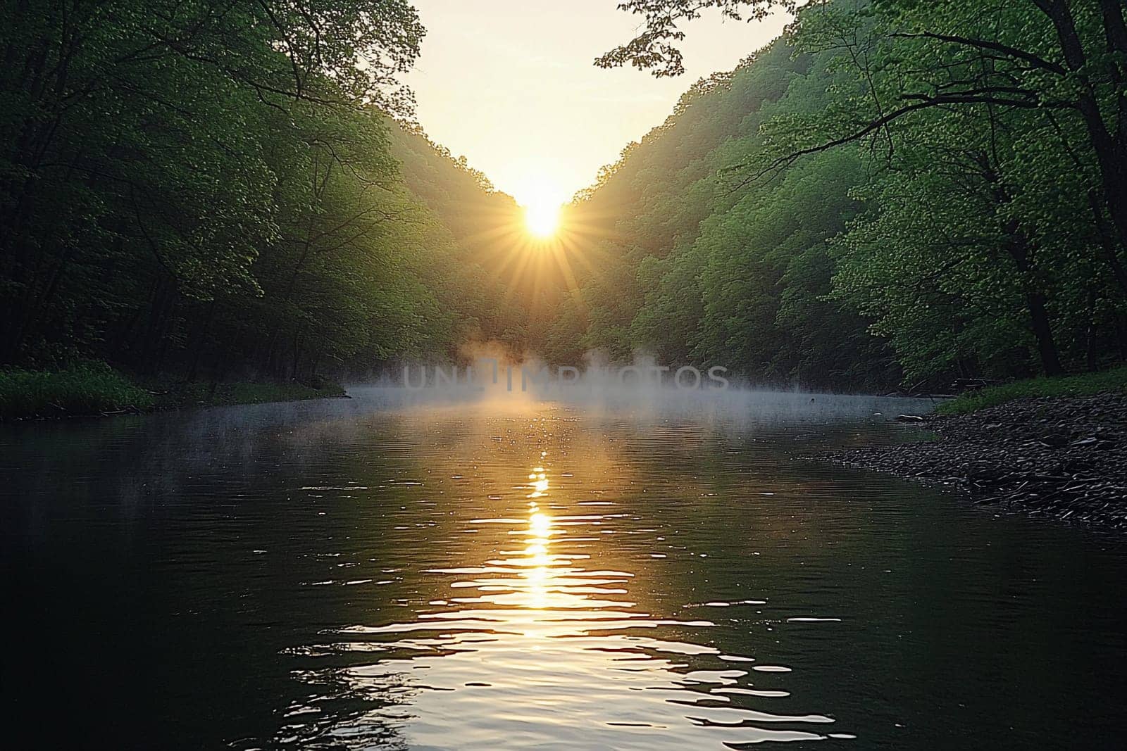 Soft mist rises from the water as the sun casts golden rays through trees at dawn.