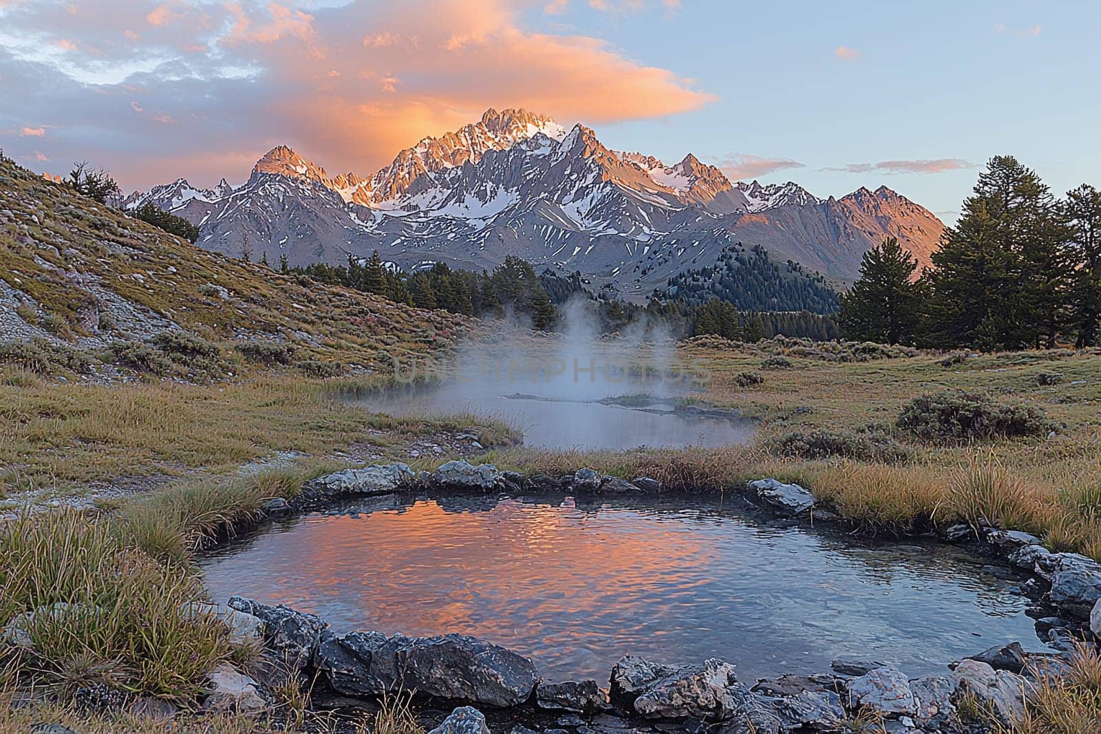 Relaxation at geothermal hot springs with mountains glowing in the morning light.