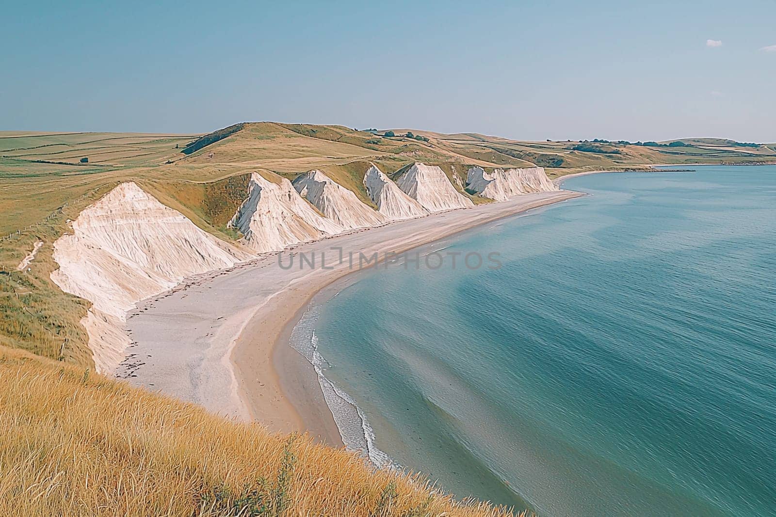 Bright sunlight illuminates the chalk cliffs along the tranquil shoreline, creating a stunning view.