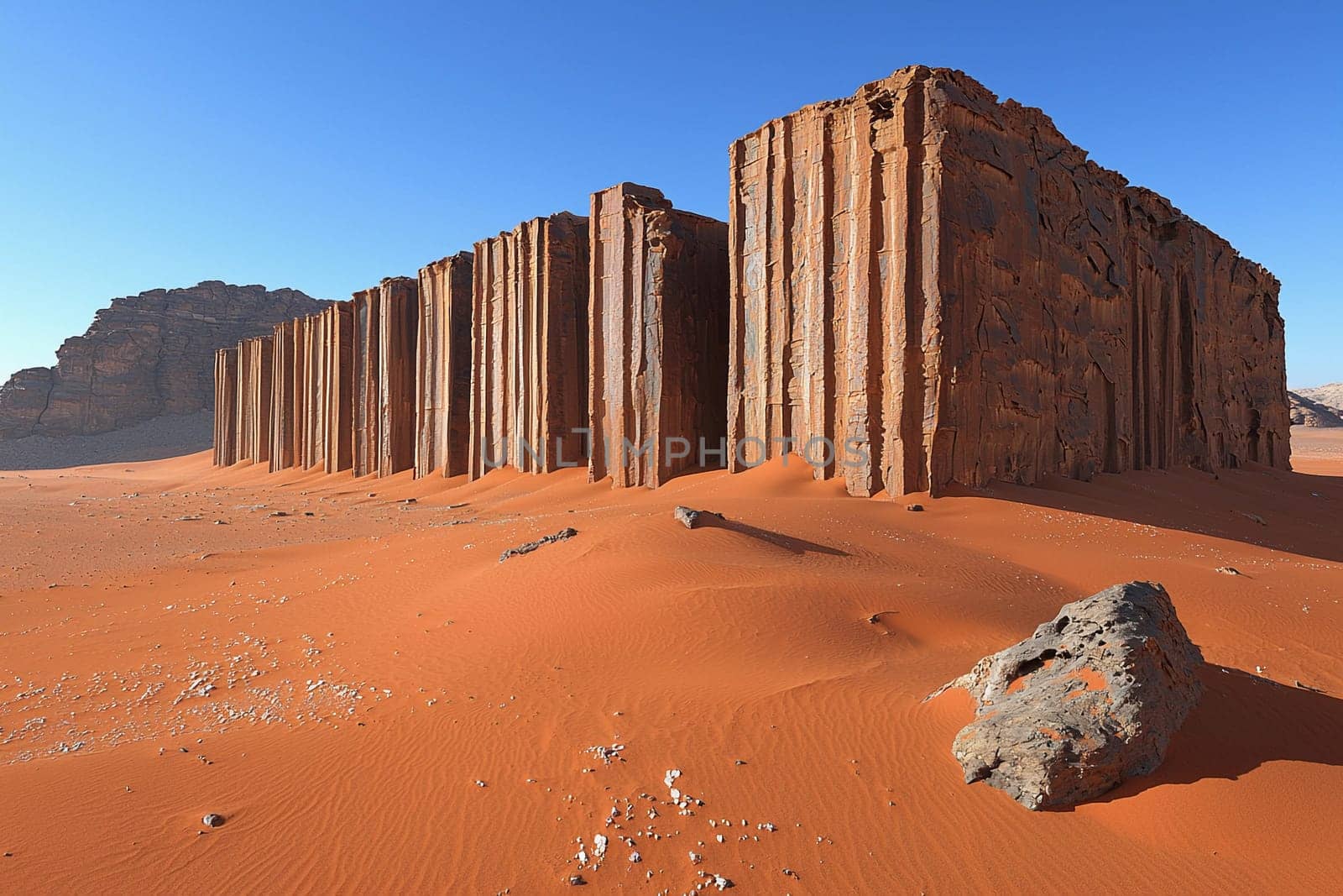 Tall rock structures emerge dramatically from the orange sands of Wadi Rum, Jordan.