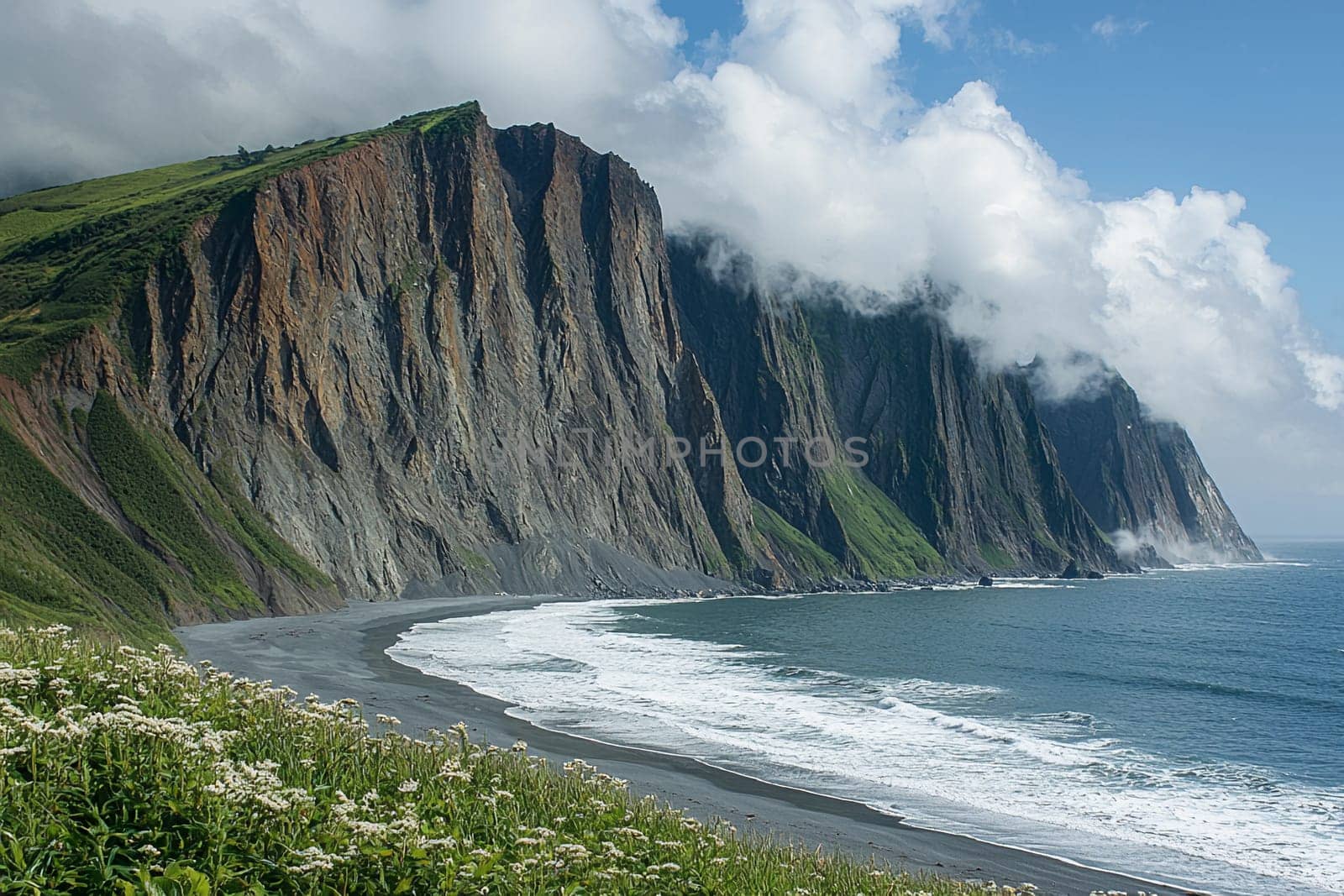 Towering cliffs rise dramatically beside a calm ocean on a sunny day.