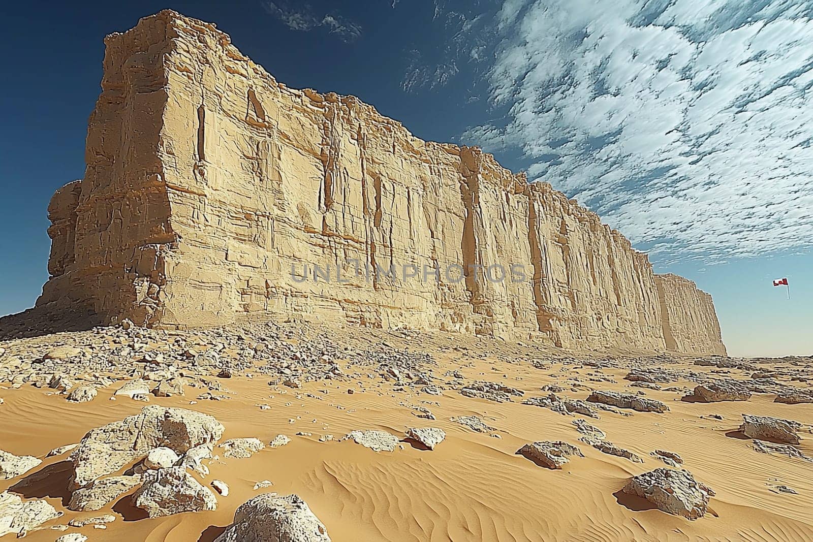 A towering sandstone cliff stands prominently under a bright blue sky with scattered clouds.