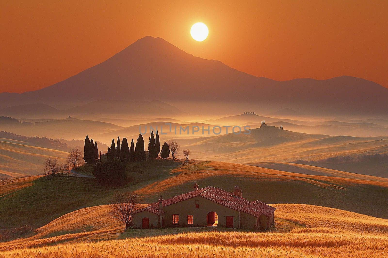 Golden sunlight bathes the Tuscan landscape as a small house rests among gentle hills.