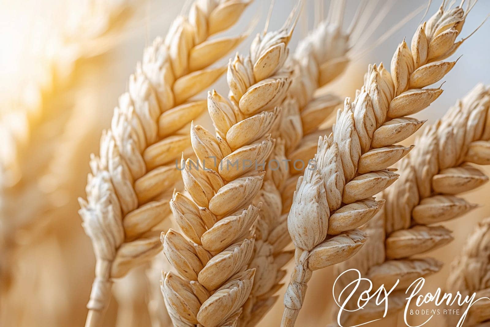 Golden wheat stalks stand tall, bathed in sunlight, highlighting their ripeness and texture.