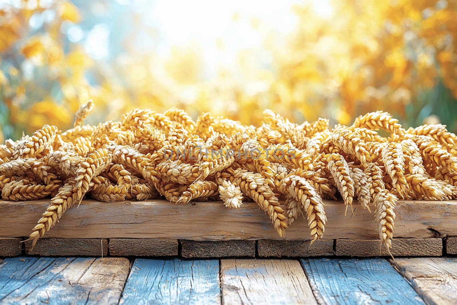 Wheat bundles are arranged on wood, glowing under warm sunlight in an outdoor setting.