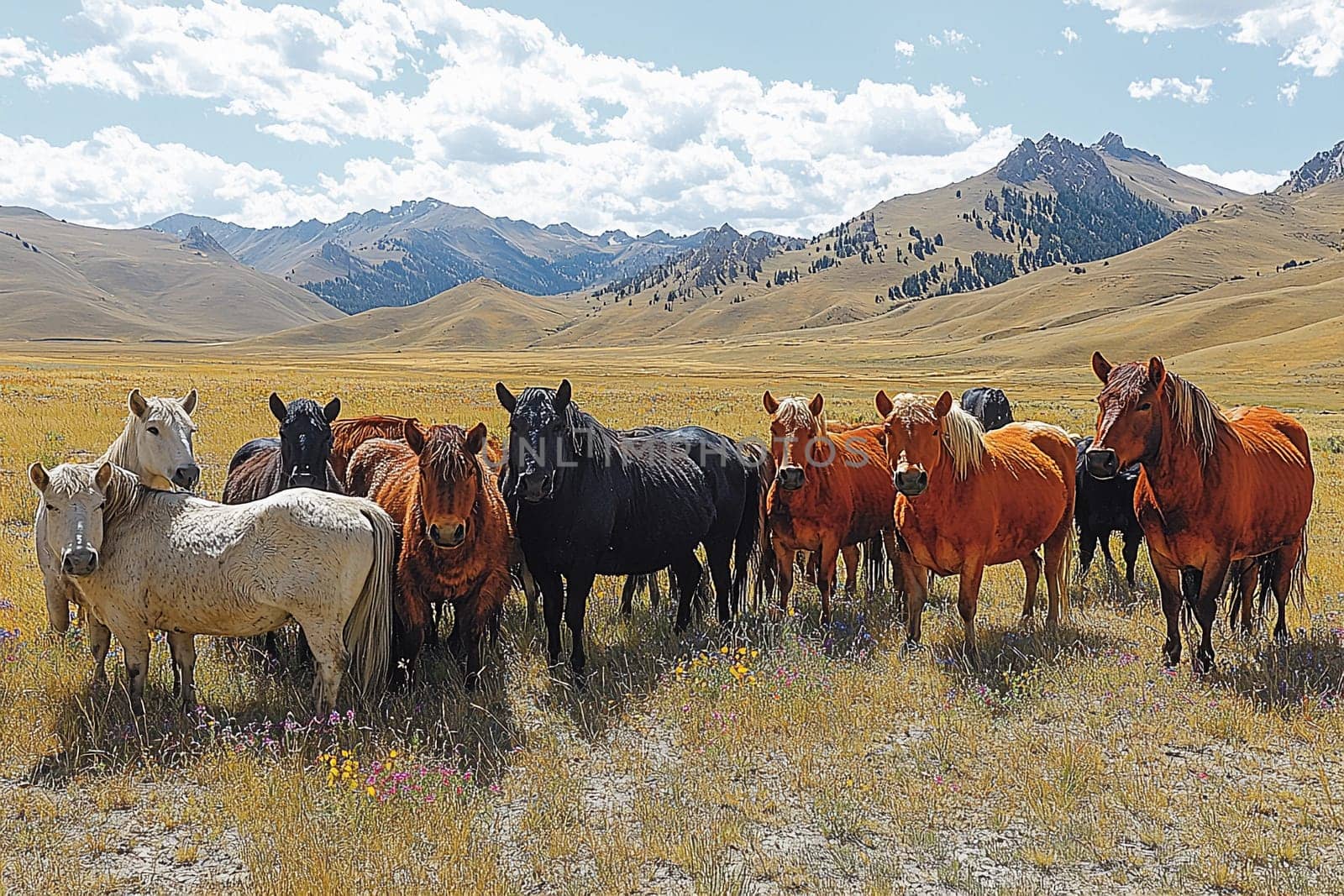 A group of diverse horses stands together in a vast grassy field under a bright sky.