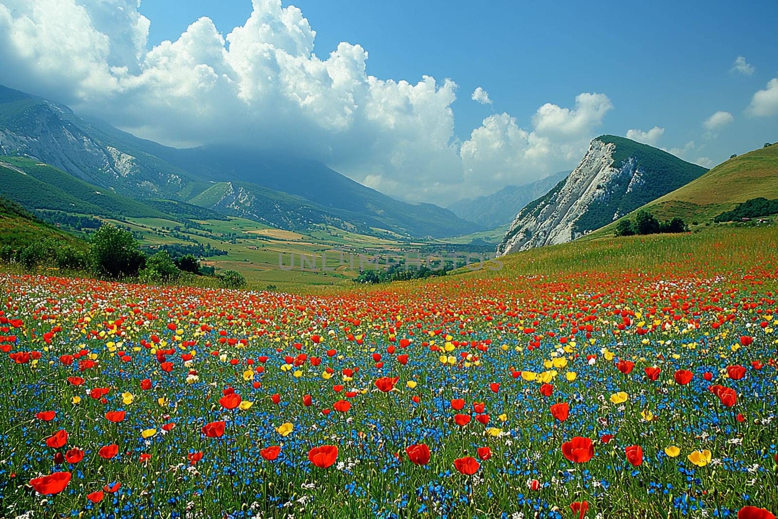 Colorful wildflowers bloom across a lush valley surrounded by majestic mountains.