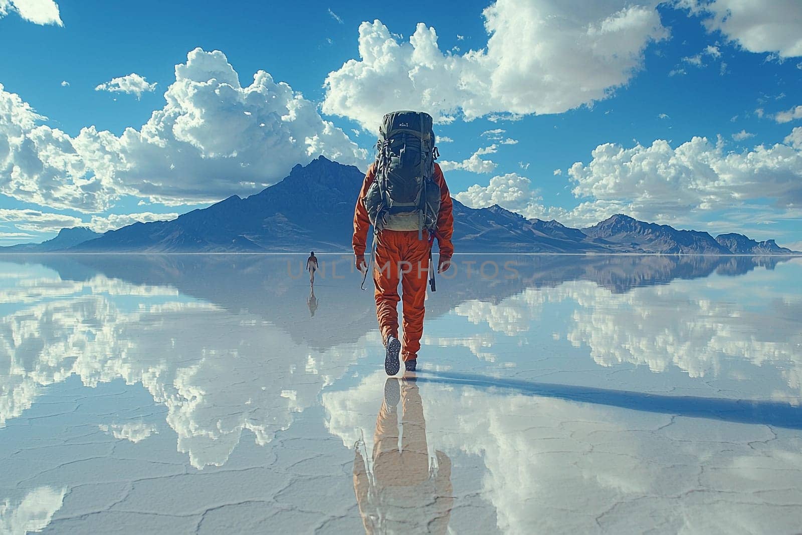 Travelers in orange suits walk across stunning salt flats, reflecting clouds and mountains under a bright blue sky.