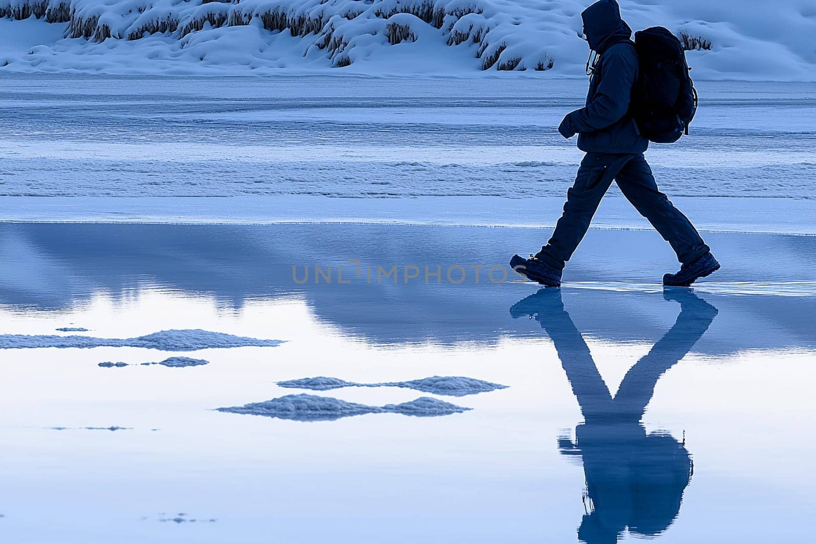 A person walks alone on a frozen lake surrounded by snow, with clear reflections of ice and sky in the water.