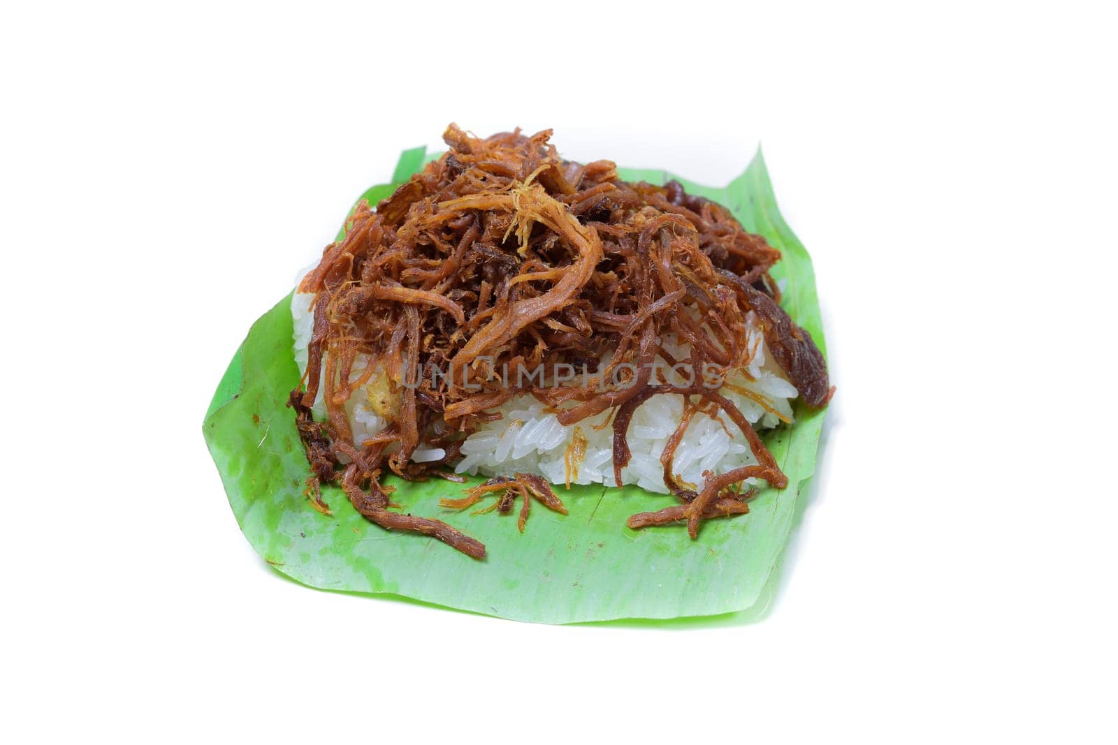 Shredded pork with sticky rice isolated on white background