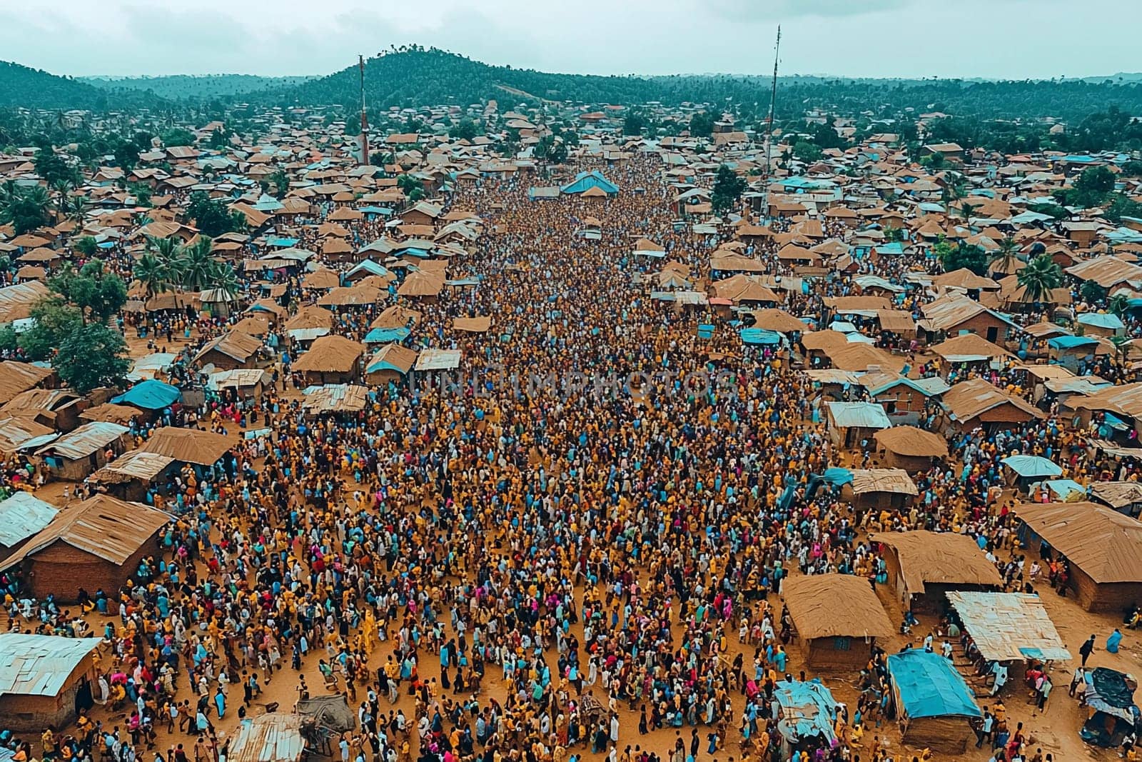 A massive crowd fills a rural market, engaged in buying, selling, and socializing amidst thatched-roof stalls under cloudy skies.