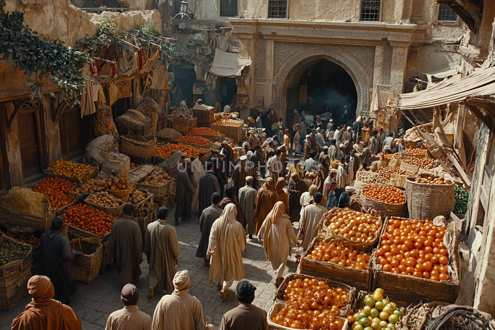 Crowds navigate through a vibrant market filled with fresh fruits and vegetables in a traditional setting under sunlight.
