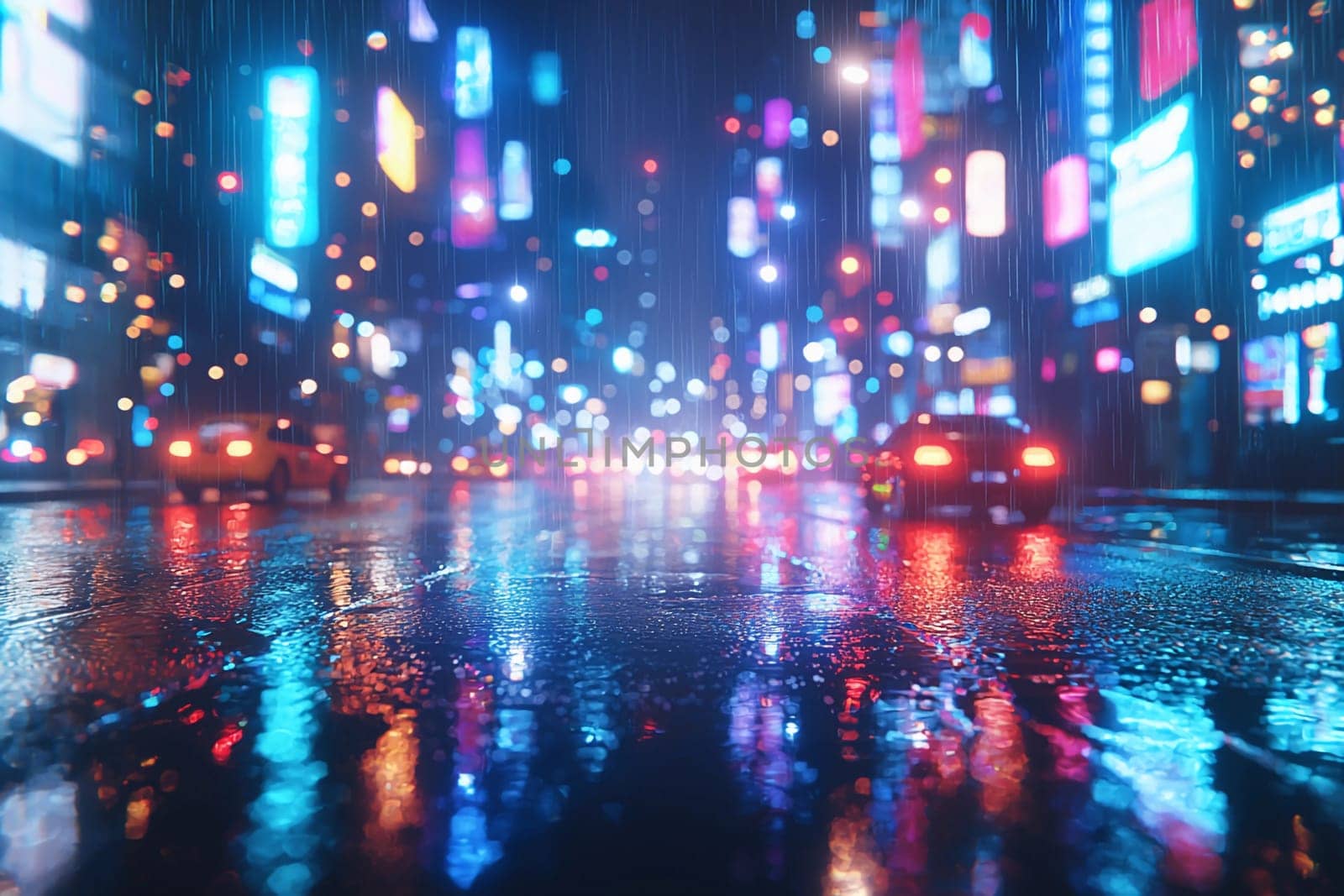 Colorful neon lights illuminate a wet street, creating vibrant reflections as cars pass by in a lively urban area at night.