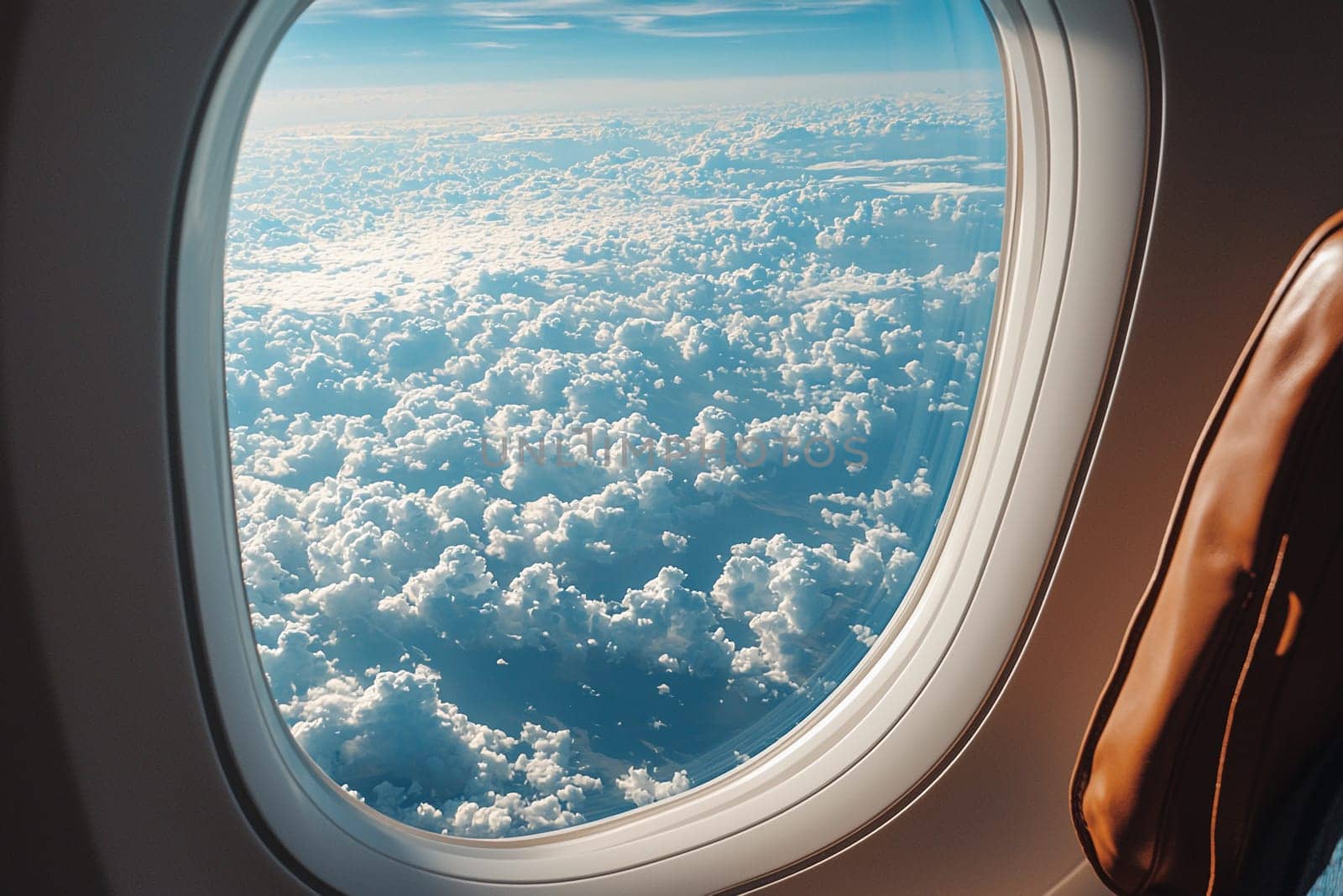 A person looks out from an airplane, observing soft, white clouds and a bright blue sky on a clear day.