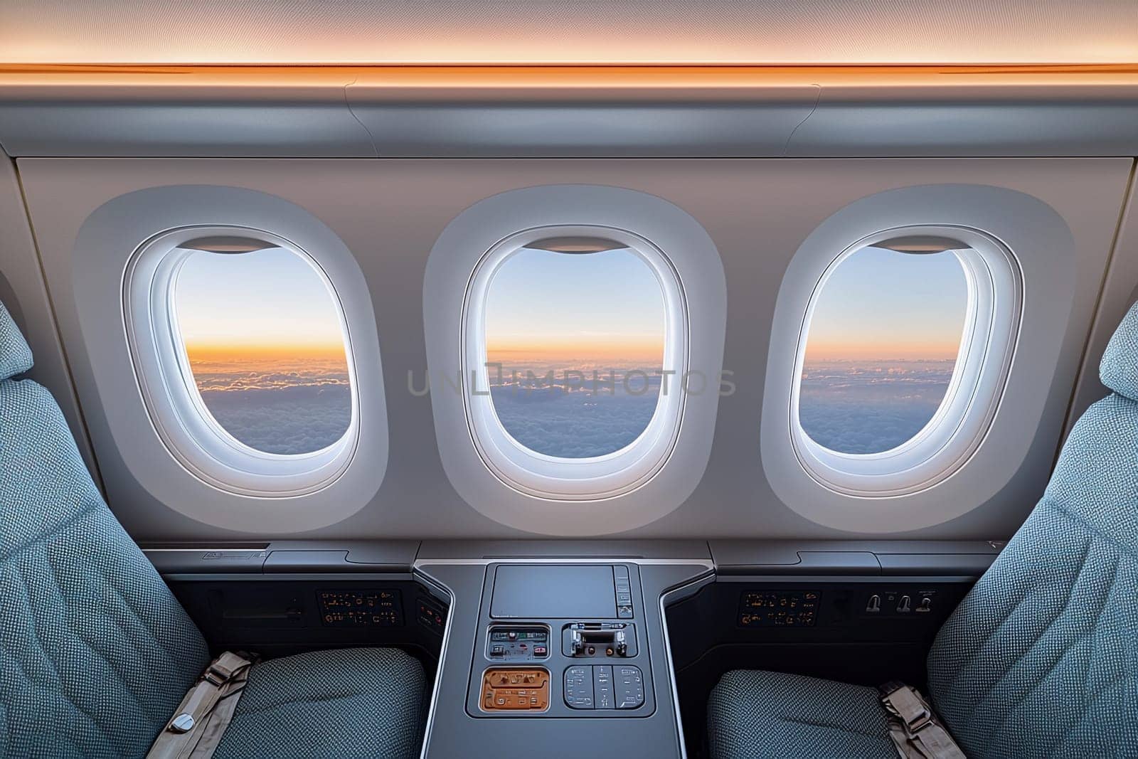 Clouds are illuminated by a beautiful sunset as seen from a comfortable airplane cabin with three windows.