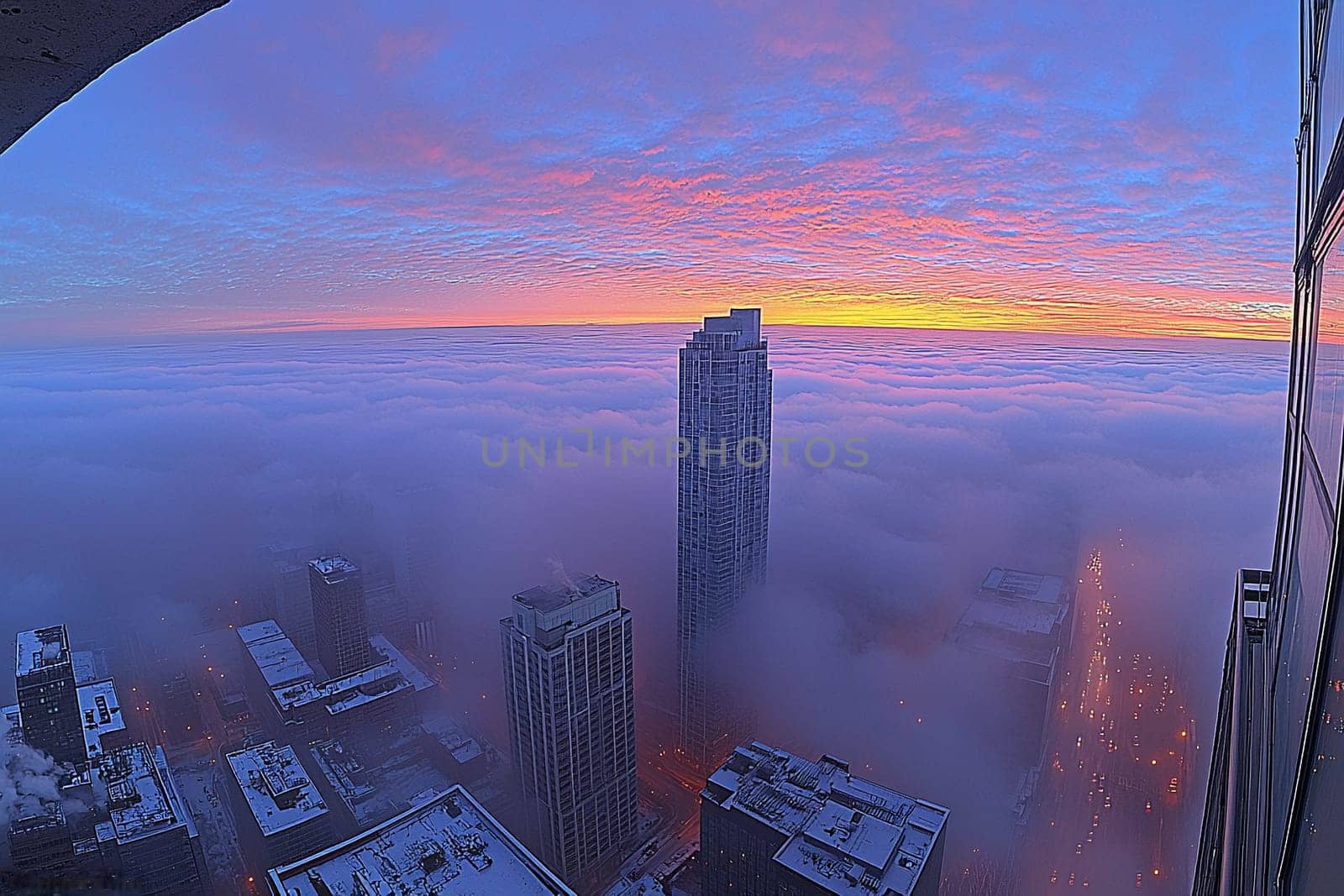 A vibrant sunrise casts warm hues over a foggy urban landscape, partially obscuring high-rise buildings below.