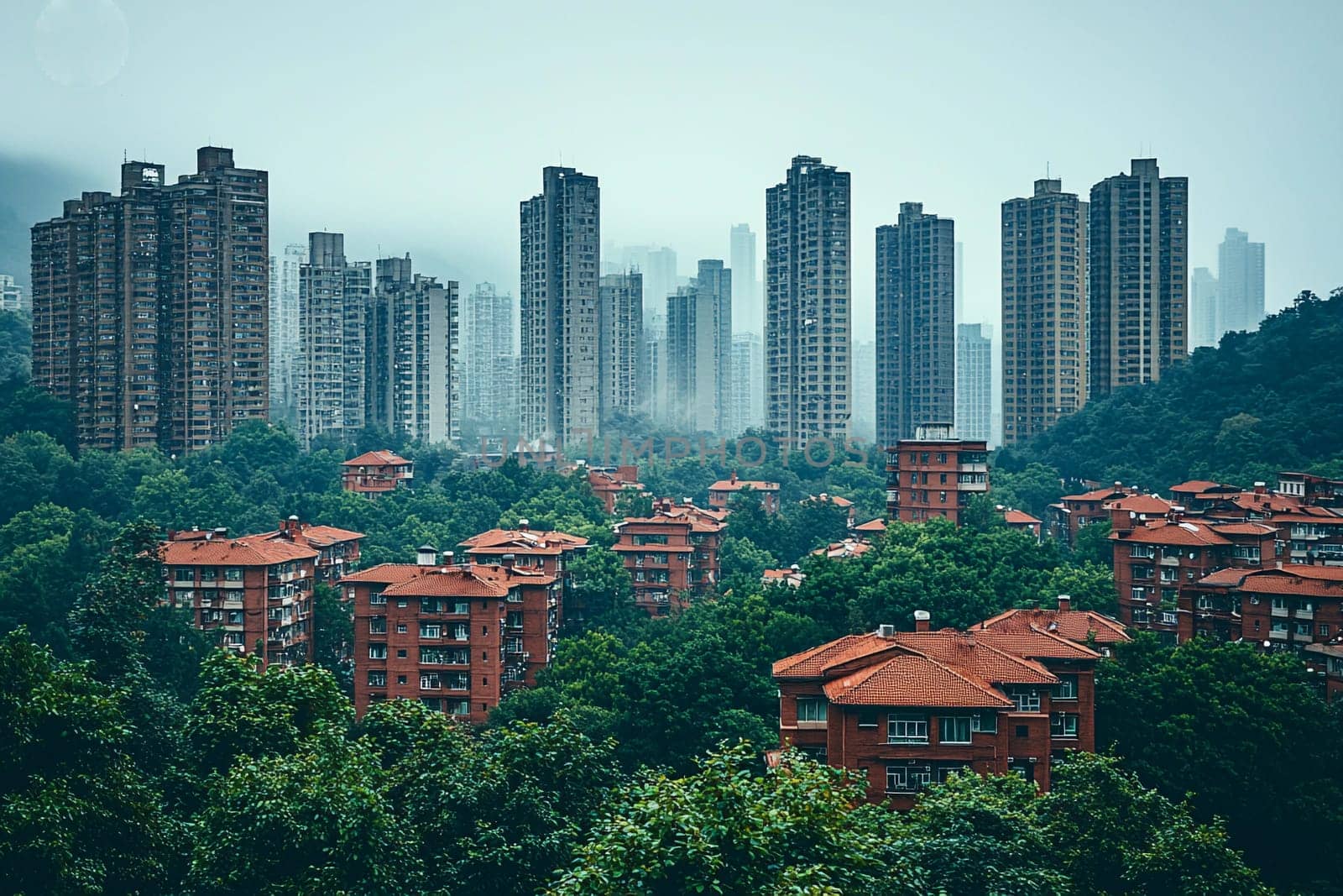 A cityscape featuring towering skyscrapers in the background and low-rise buildings nestled among lush trees, creating a serene atmosphere.