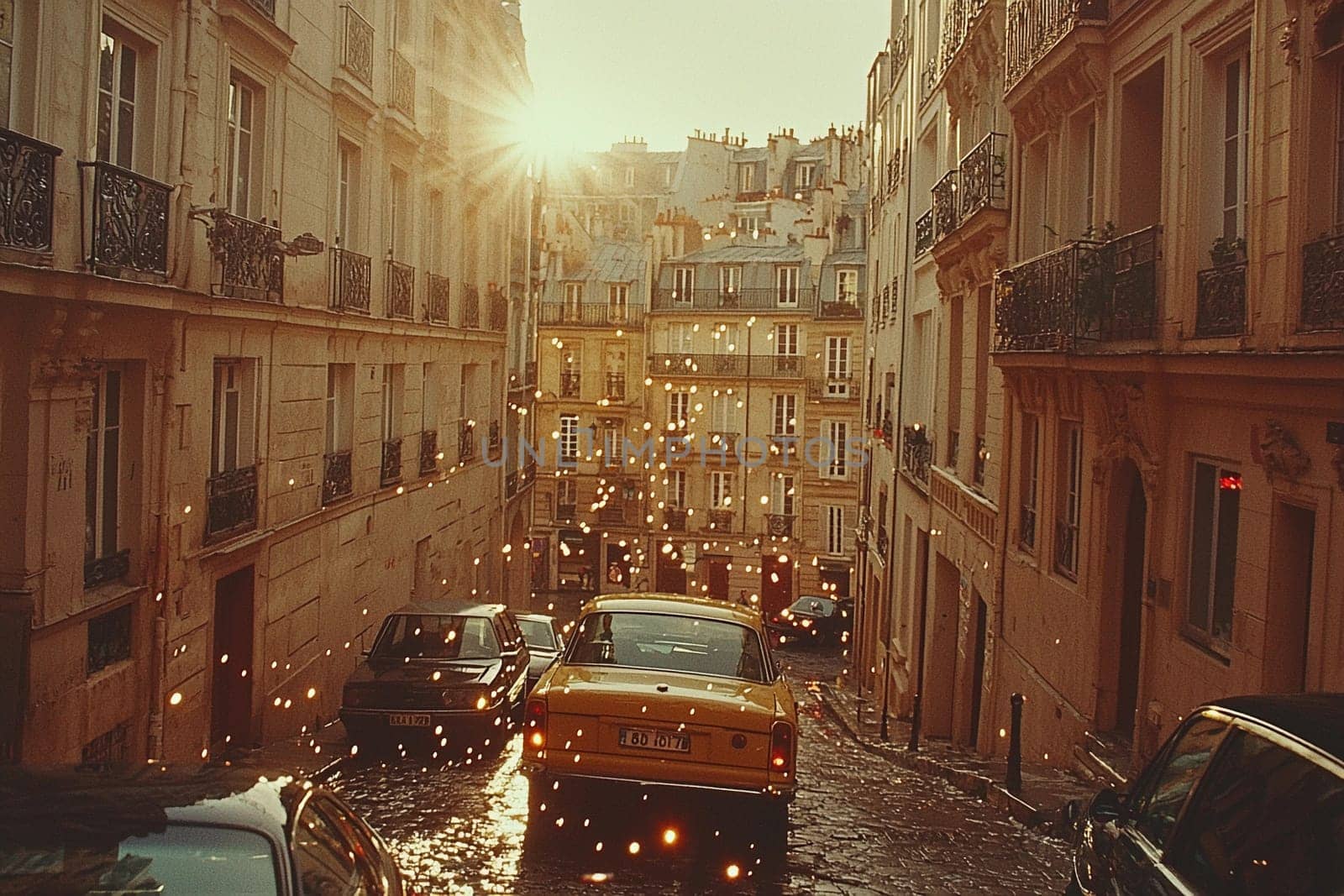 Sunlight glimmers on a rainy Paris street as a yellow car drives by, surrounded by historic buildings and parked vehicles.
