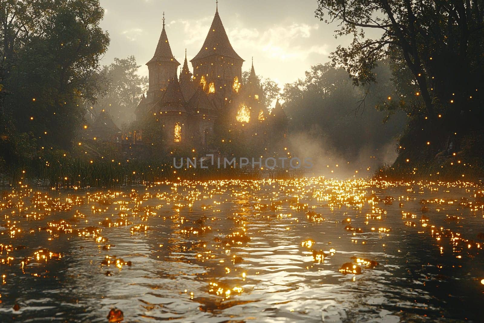 A mystical castle stands beside a shimmering river, surrounded by lush trees and bright reflections at sunset.
