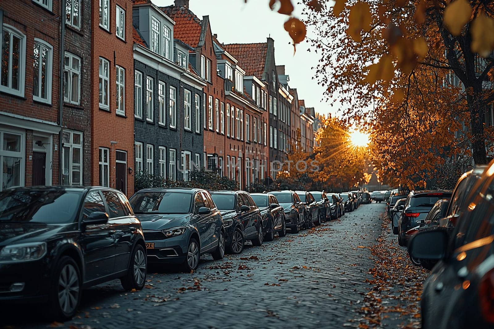 Sunlight filters through autumn leaves as cars line a cobblestone street in a charming residential neighborhood.