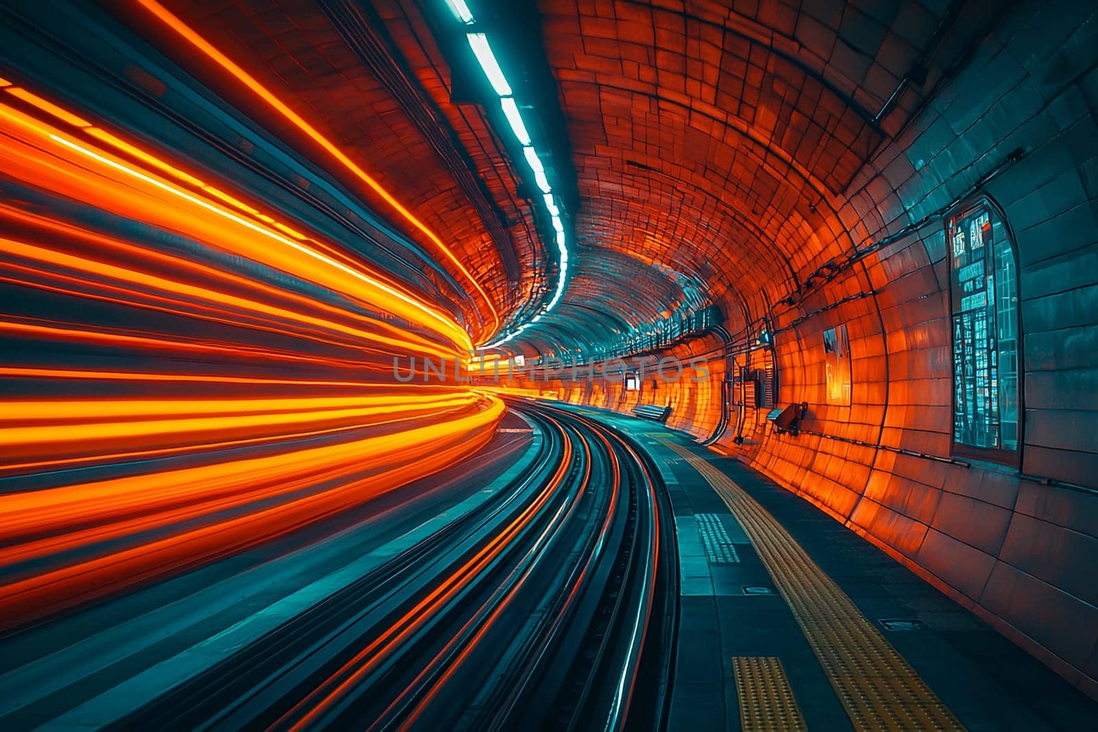 Bright streaks of light illuminate the curved tunnel as a train swiftly passes through during rush hour.