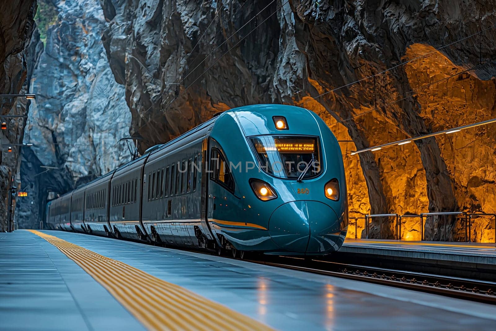 A sleek, modern train approaches a rocky underground station surrounded by towering stone walls.