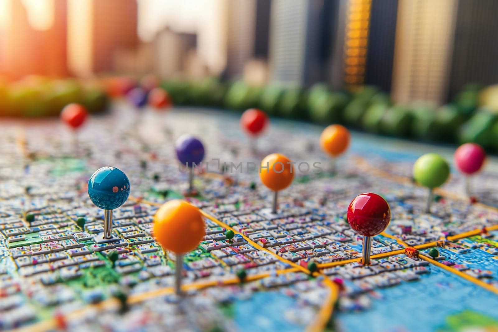 Brightly colored pins are placed on a detailed city map, highlighting points of interest during sunset in an urban area.