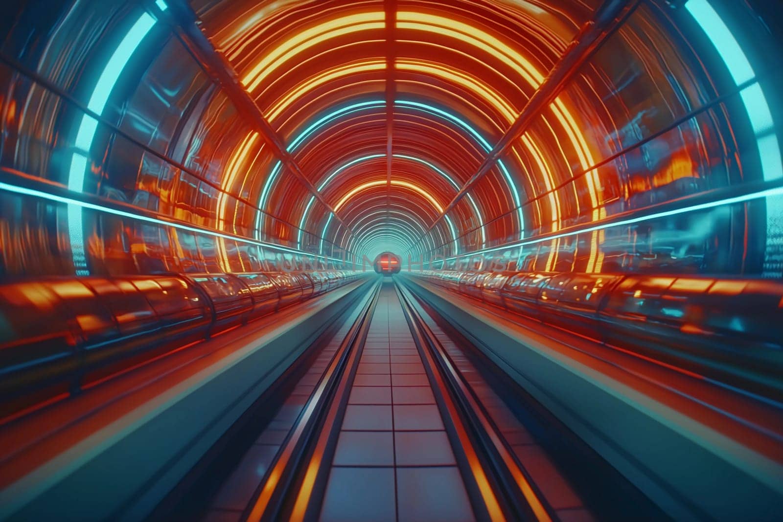 A futuristic tunnel featuring vivid neon lights in blue and orange, leading towards a bright light at the end.