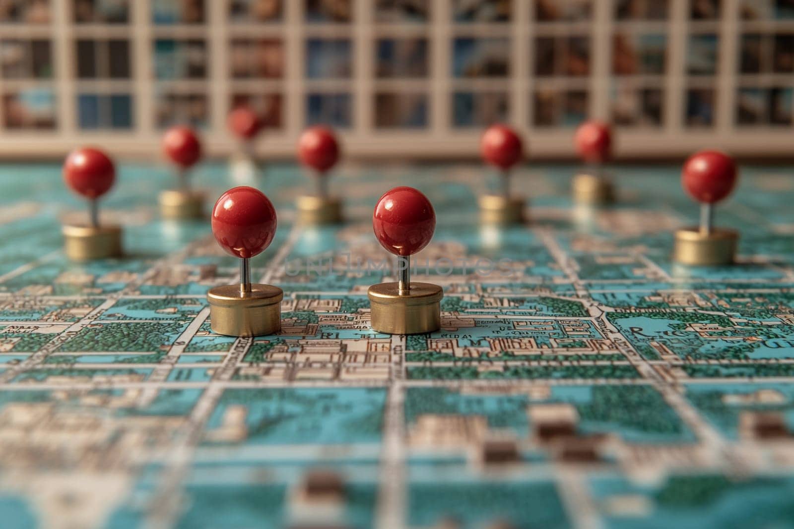 Brightly colored map displays red pins marking specific locations while sunlight enhances the vibrant details around noon.