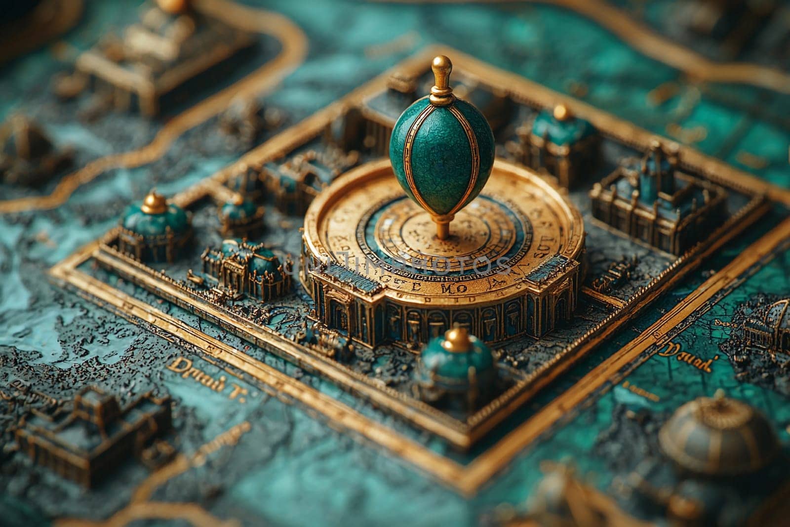A vibrant and detailed 3D map showcases an imaginative city with ornate buildings and a striking central globe design.