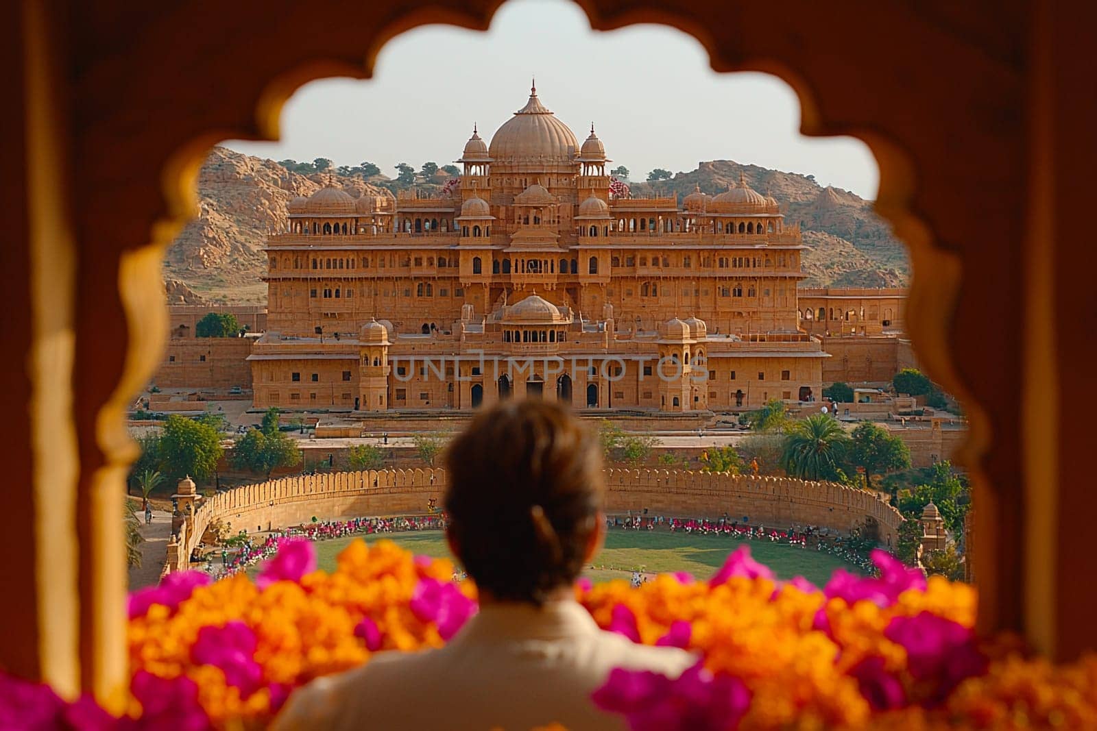A person admires a stunning palace surrounded by desert landscape, framed by intricately designed architecture and flowers.