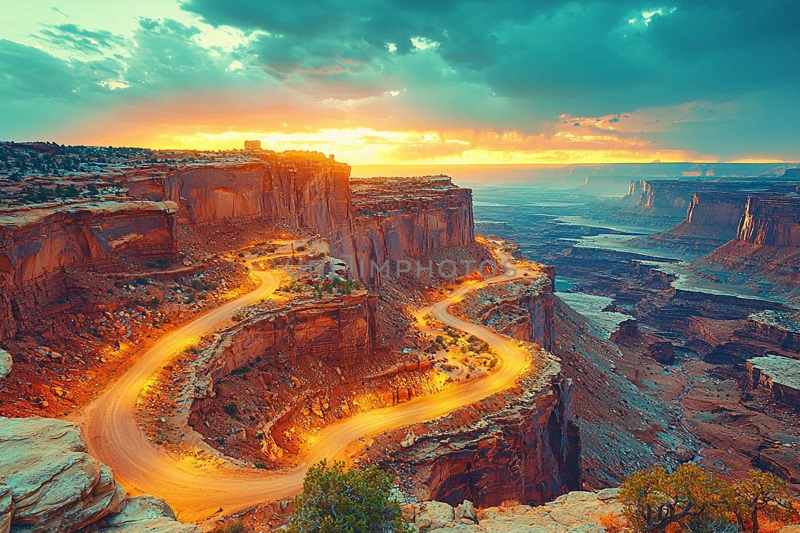 A winding road navigates the rugged cliffs as the sun sets, casting warm hues over the dramatic canyon scenery.