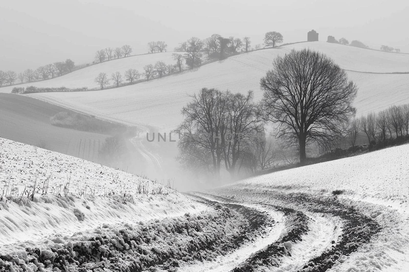 A winding dirt path leads through snow-covered hills, with bare trees and a distant structure beneath a foggy winter sky.