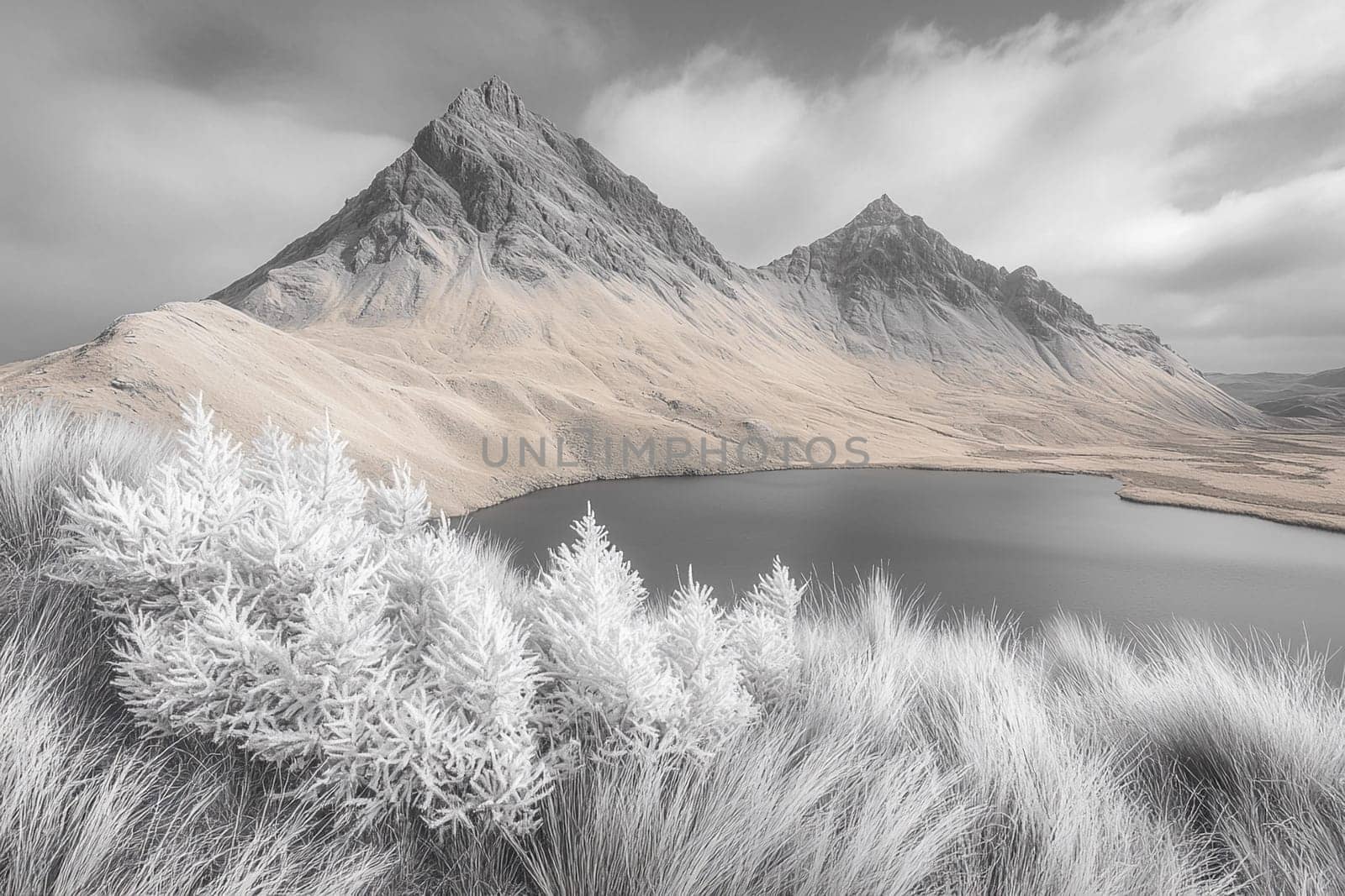 Frosty plants frame a serene lake surrounded by dramatic mountain peaks under a cloudy sky.