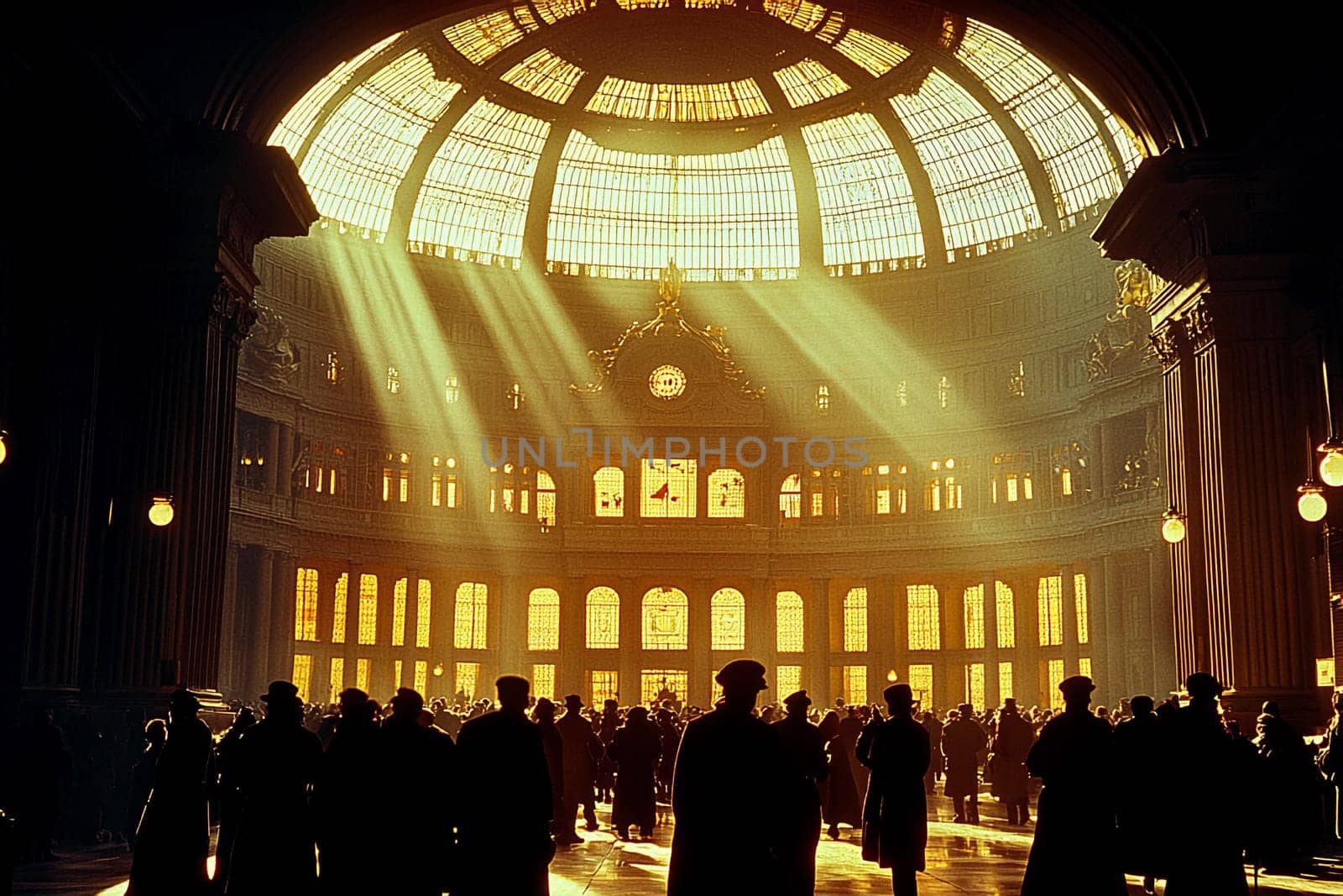 Crowds fill a grand hall as sunlight pours through a massive dome, creating an atmospheric and warm ambiance.