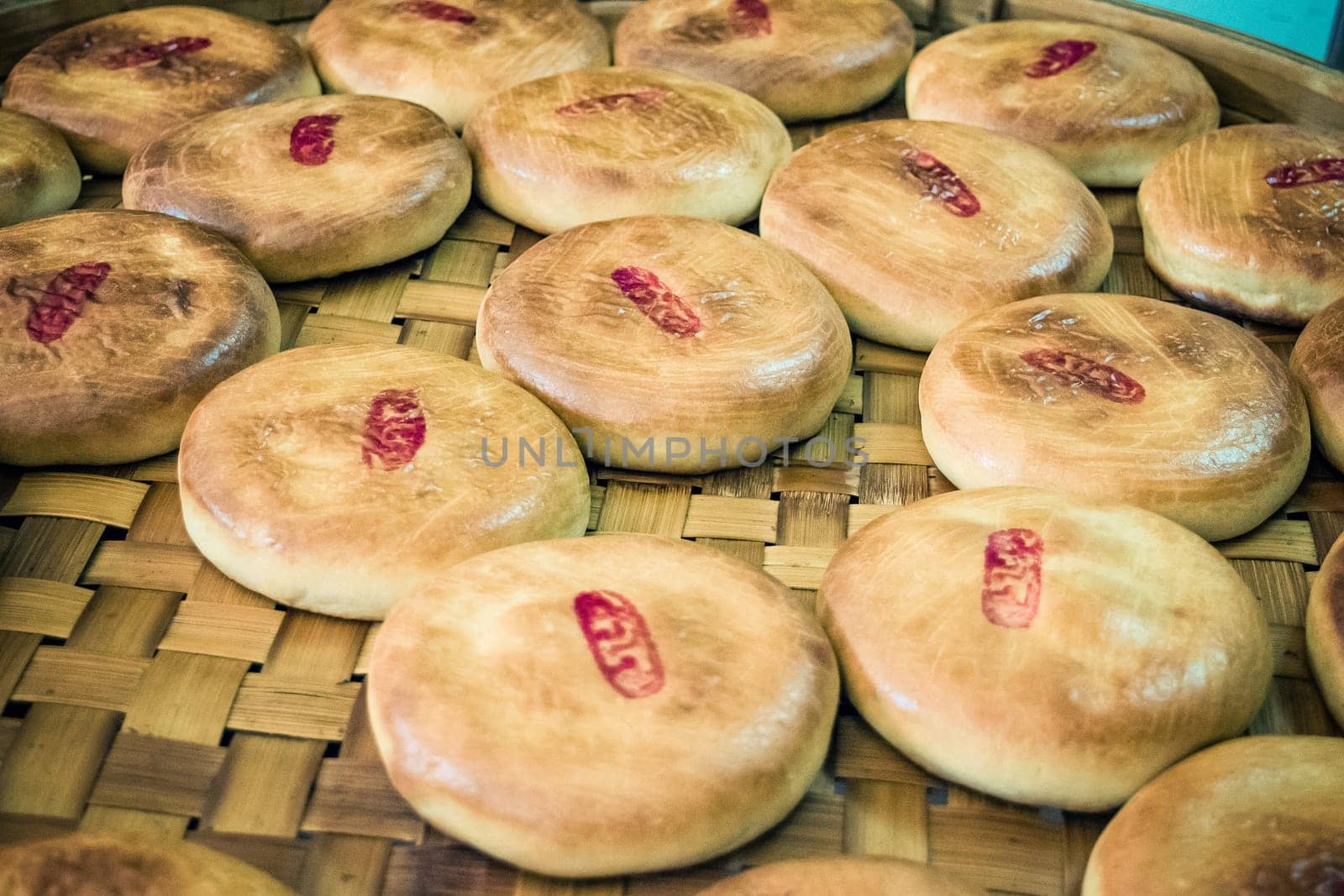 Chinese pastry or Moon cake is asia dessert on traditional basket