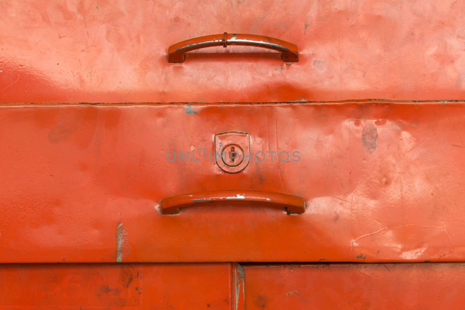 Minimalism style, Toolbox metal rusty red color with padlock texture background.