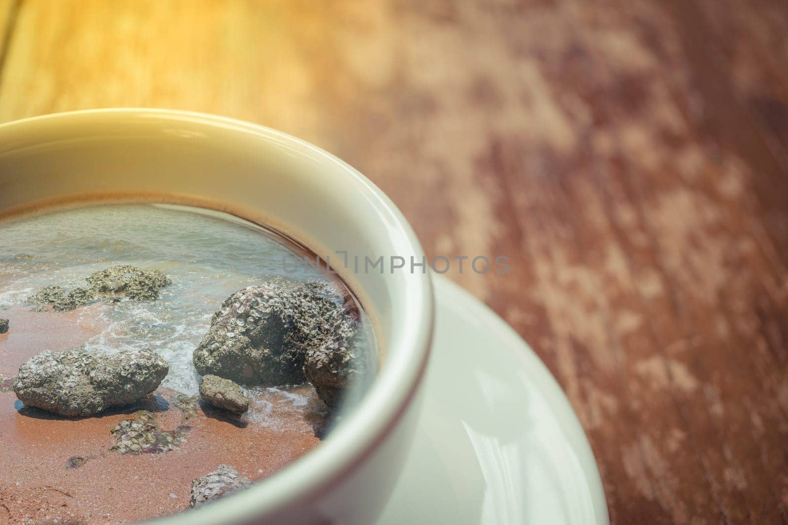 Beach and tropical sea with rock in nature reflection on coffee , process in soft orange sun light style