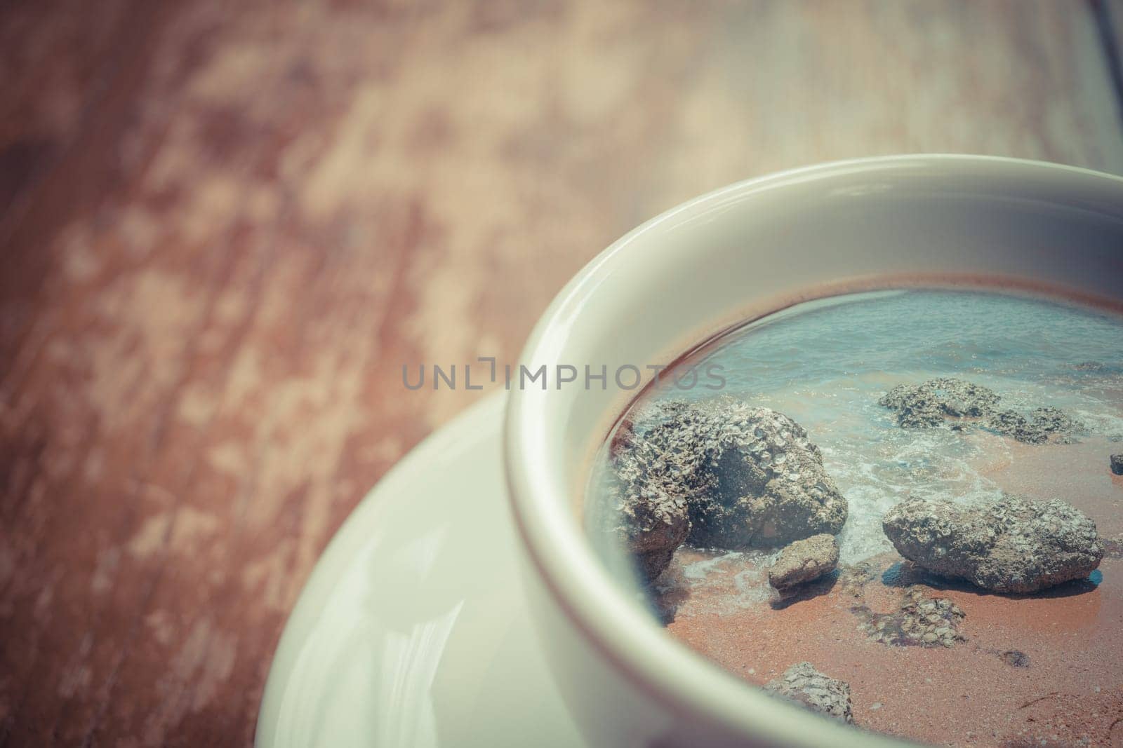Beach and tropical sea with rock in nature reflection on coffee , process in vintage style